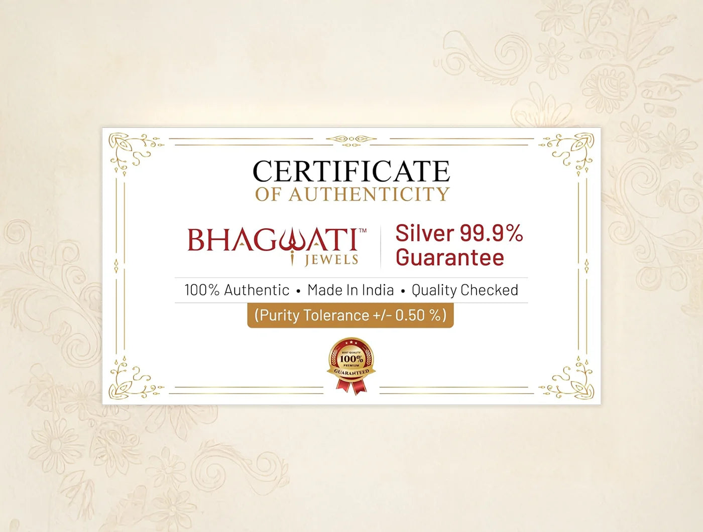 999 Pure Silver Shetrunjay Frame, Certificate of Authenticity for Bhagwati Jewels silver 99.9% guarantee, 100% authentic and quality checked.