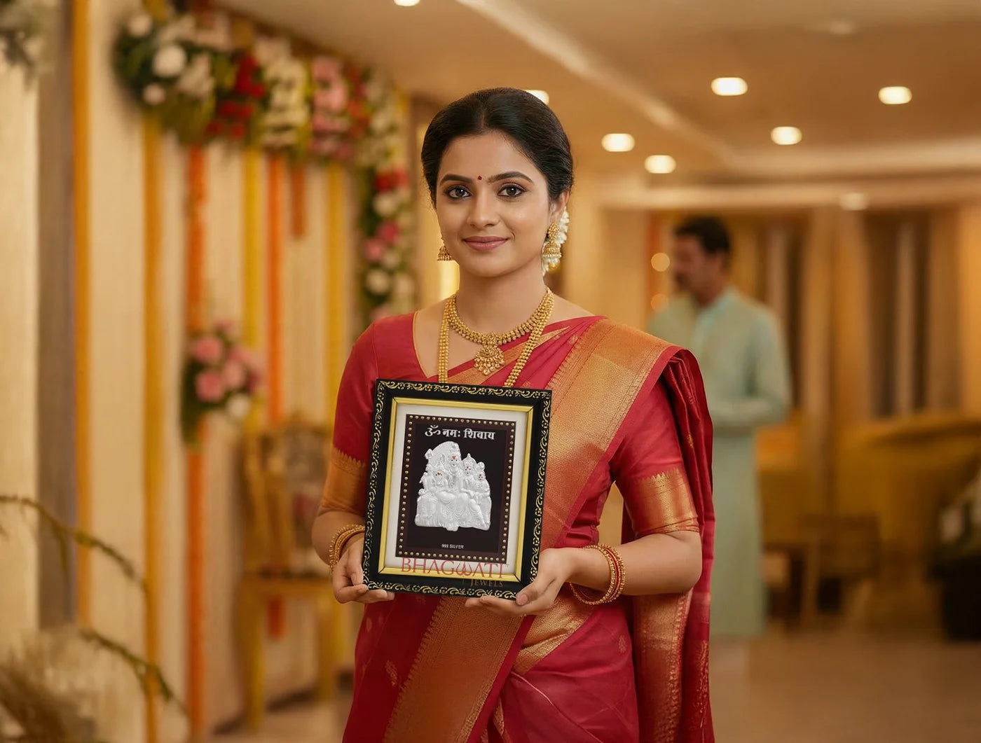 Silver Shivparivar photo frame by Bhagwati Jewels, 5.5x5 inch square for pooja room decor and home wall or office mandir.