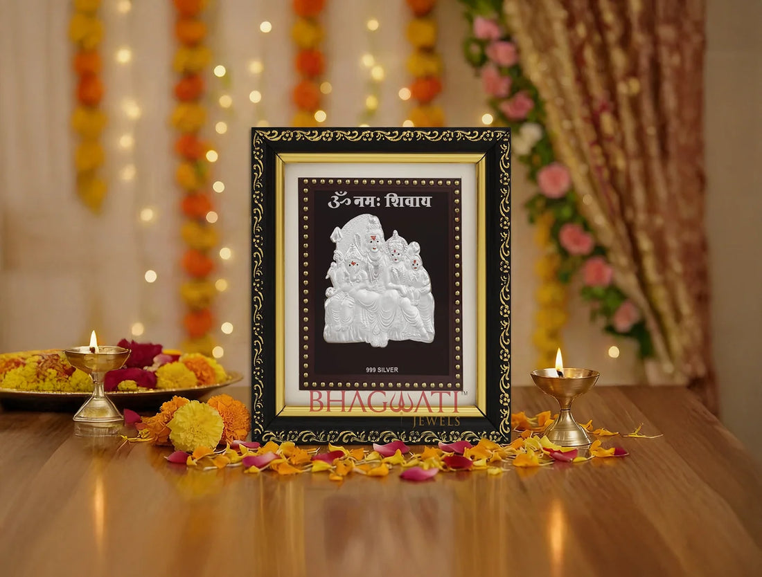 Silver Shivparivar frame for gift items, 5.5 x 5 inch, decorative god photo frame for pooja room, home wall, or office mandir.