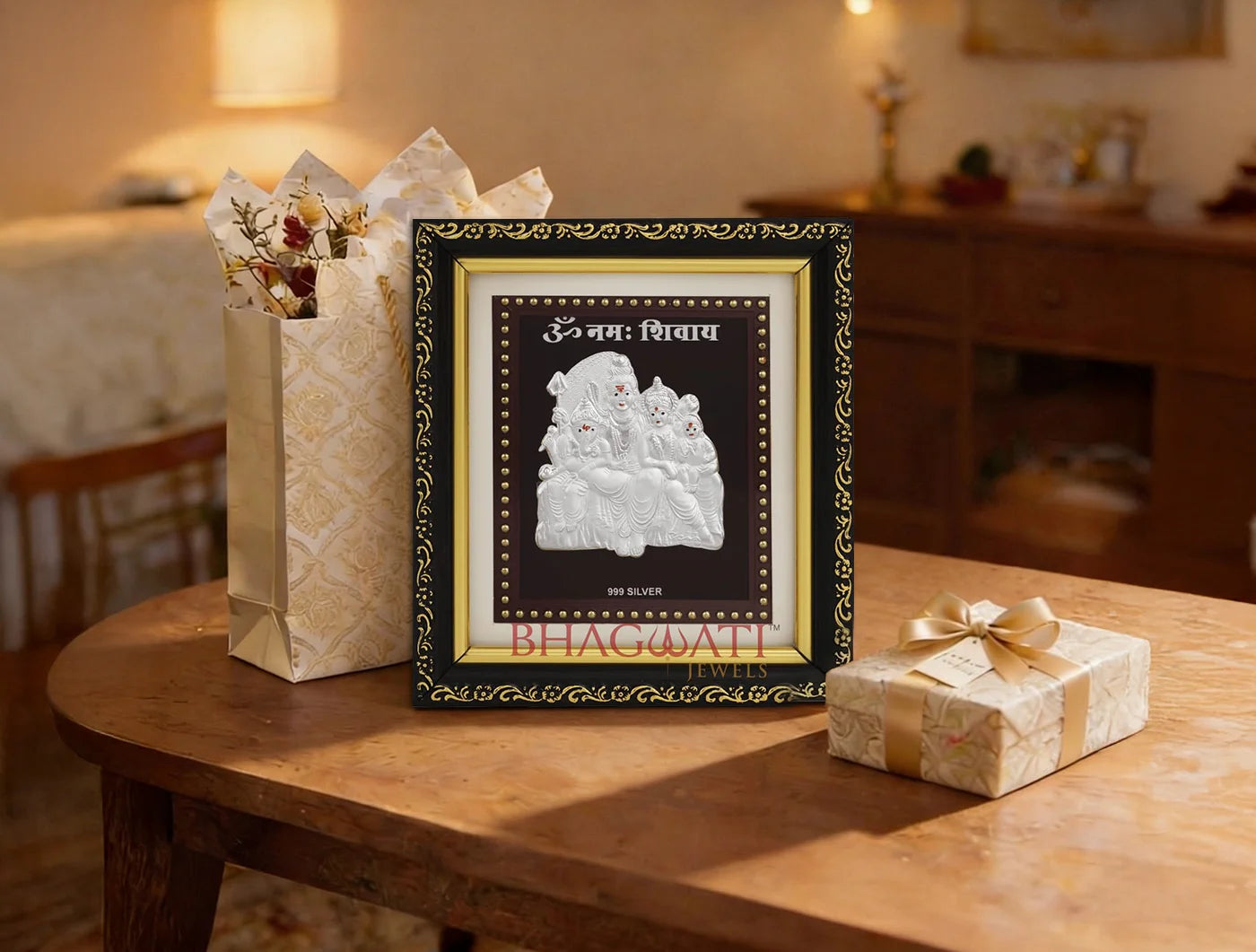 Silver Shivparivar frame for gift items, 5.5x5 inch square metal photo frame for pooja room decor, home wall, or office mandir.