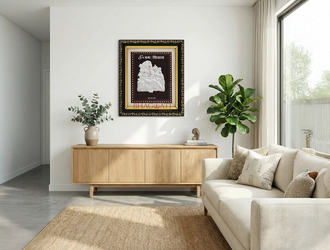 Silver Shivparivar photo frame by Bhagwati Jewels, square 5.5x5 inch, perfect for pooja room decor and home or office mandir displays.