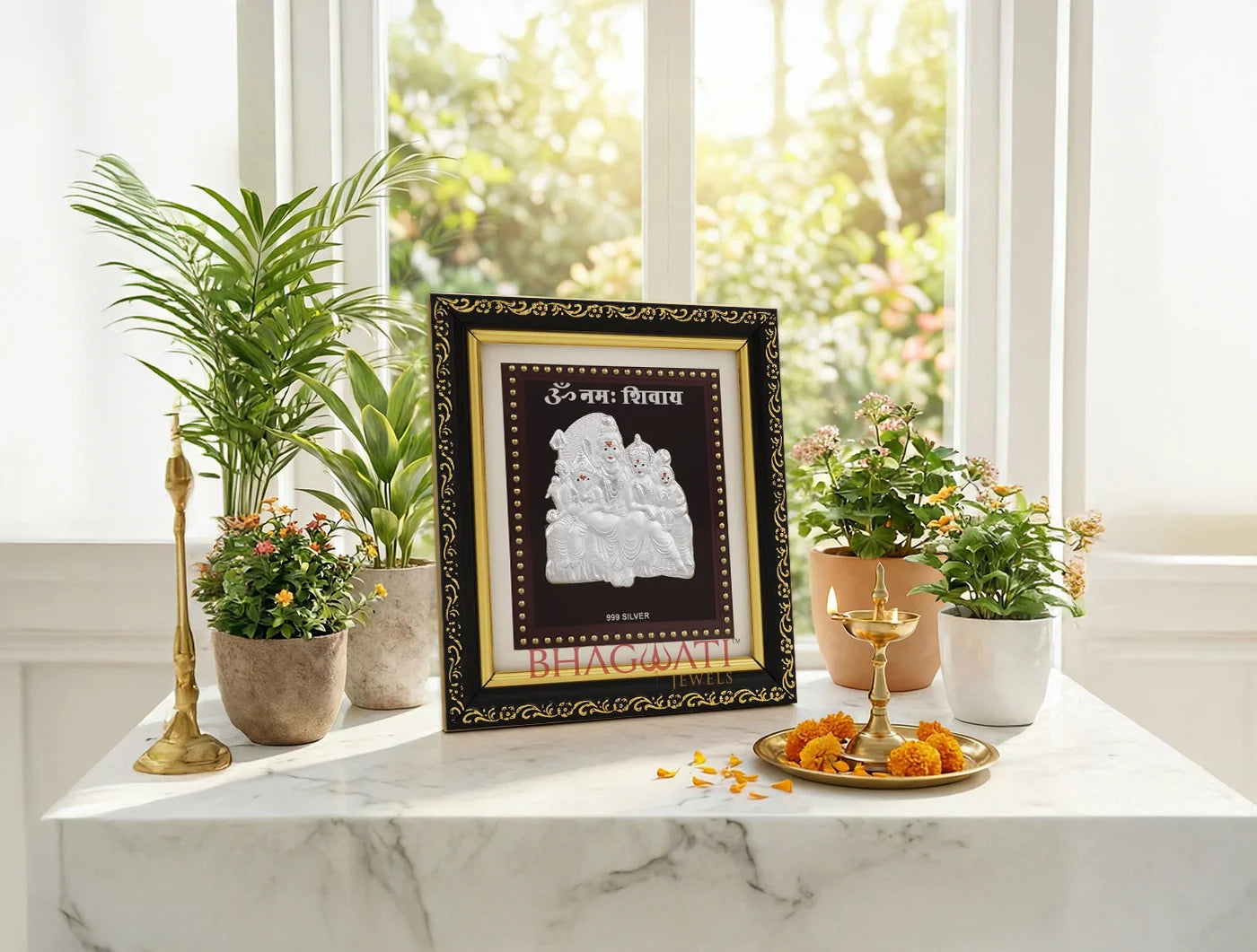 Silver Shivparivar photo frame by Bhagwati Jewels, 5.5x5 inch square metal frame for gift, pooja room, wall or tabletop decor.