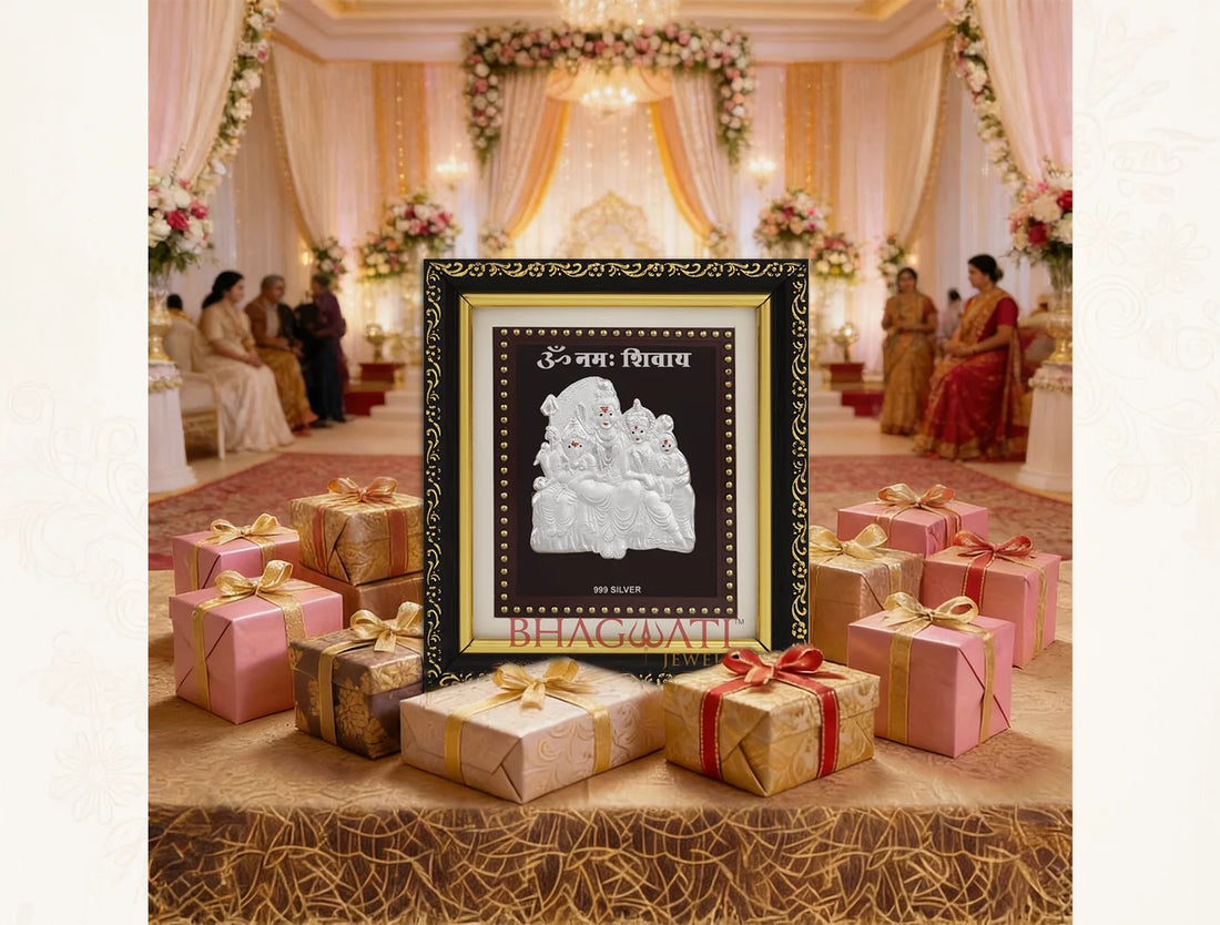 Silver Shivparivar frame by Bhagwati Jewels, square 5.5x5 inch silver photo frame for Pooja room decor and home or office mandir.
