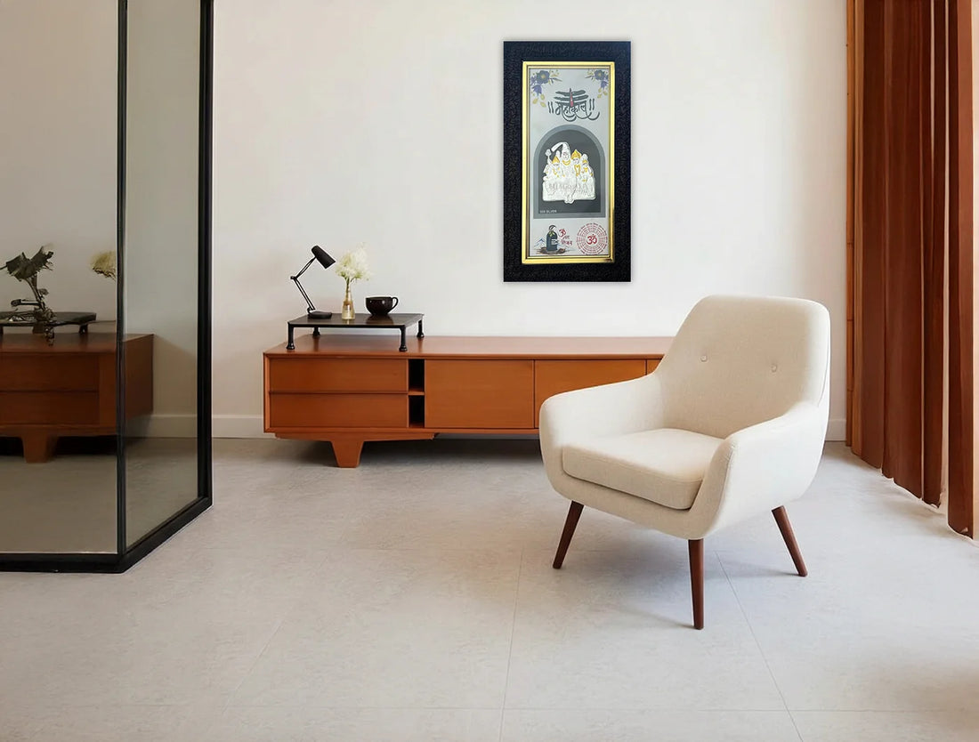 Silver Shiv Parivar wall mount frame by Bhagwati Jewels, 14.1x8.25 inches, crafted in 999 pure silver for temple or office decor.