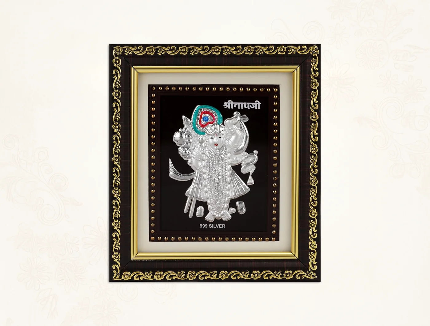 Gold frame with 999 pure silver Shrinathji photo frame, 5.5 x 5 inches, decorative and traditional Hindu deity display