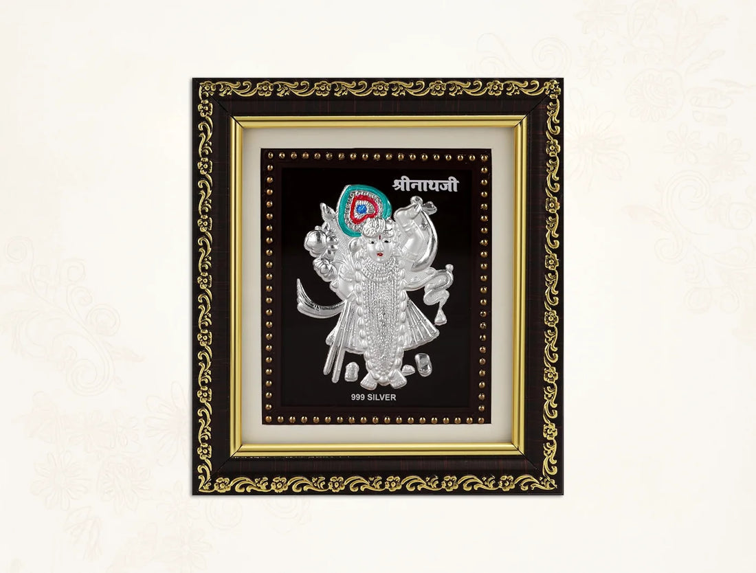 Gold frame with 999 pure silver Shrinathji photo frame, 5.5 x 5 inches, decorative and traditional Hindu deity display