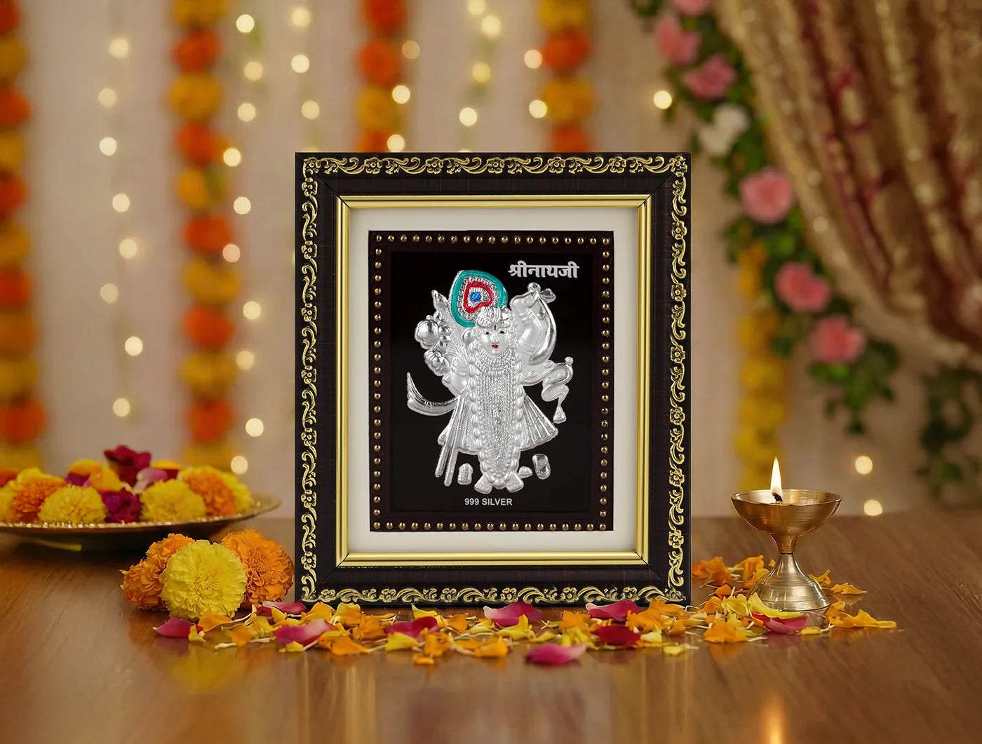 Gold frame with 999 pure silver Shrinathji deity photo, 5.5 x 5 inches, crafted by Bhagwati Jewels.