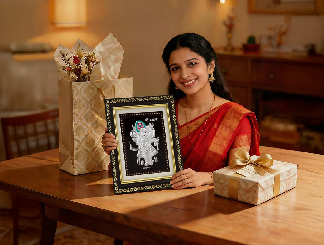 Gold frame photo of Shrinathji in 999 pure silver by Bhagwati Jewels, 5.5 x 5 inch decorative religious photo frame.