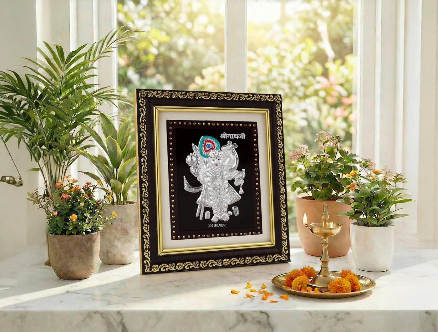 Gold frame with 999 pure silver Shrinathji photo frame, 5.5 x 5 inches, featuring intricate detailing by Bhagwati Jewels.