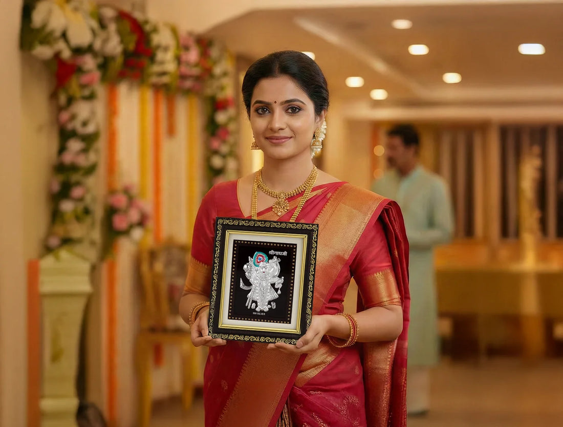 Gold frame photo of Shrinathji in 999 pure silver, 5.5 x 5 inches, from BHAGWATI JEWELS, showcasing intricate detailing.