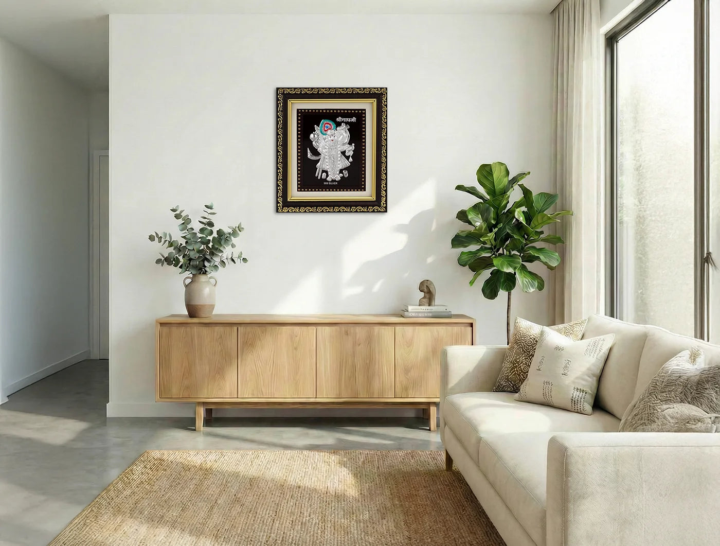 Gold frame with 999 pure silver Shrinathji photo frame, 5.5 x 5 inches, by Bhagwati Jewels.