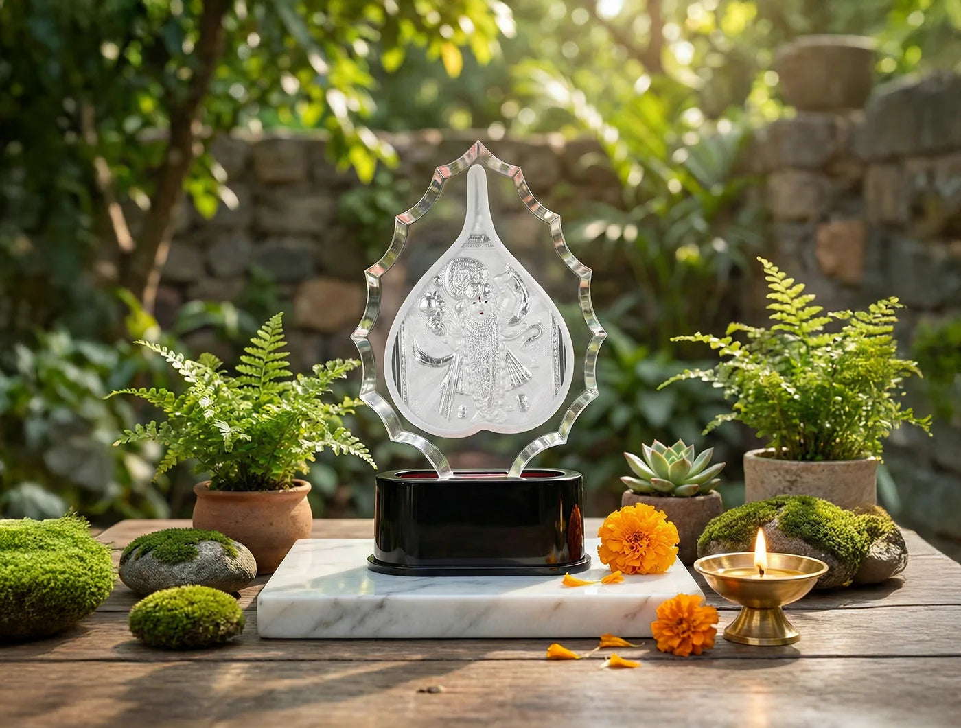 Silver frame Shrinathji Pan Trophy from Bhagwati Jewels, featuring detailed silver craftsmanship and religious iconography.