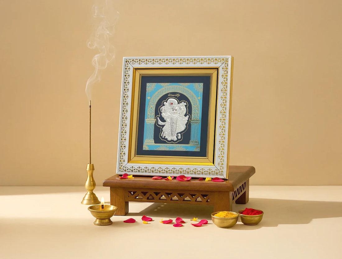Silver Shrinathji wall mount hanging frame by Bhagwati Jewels, 8x7.5 inch square frame in pure 999 silver.