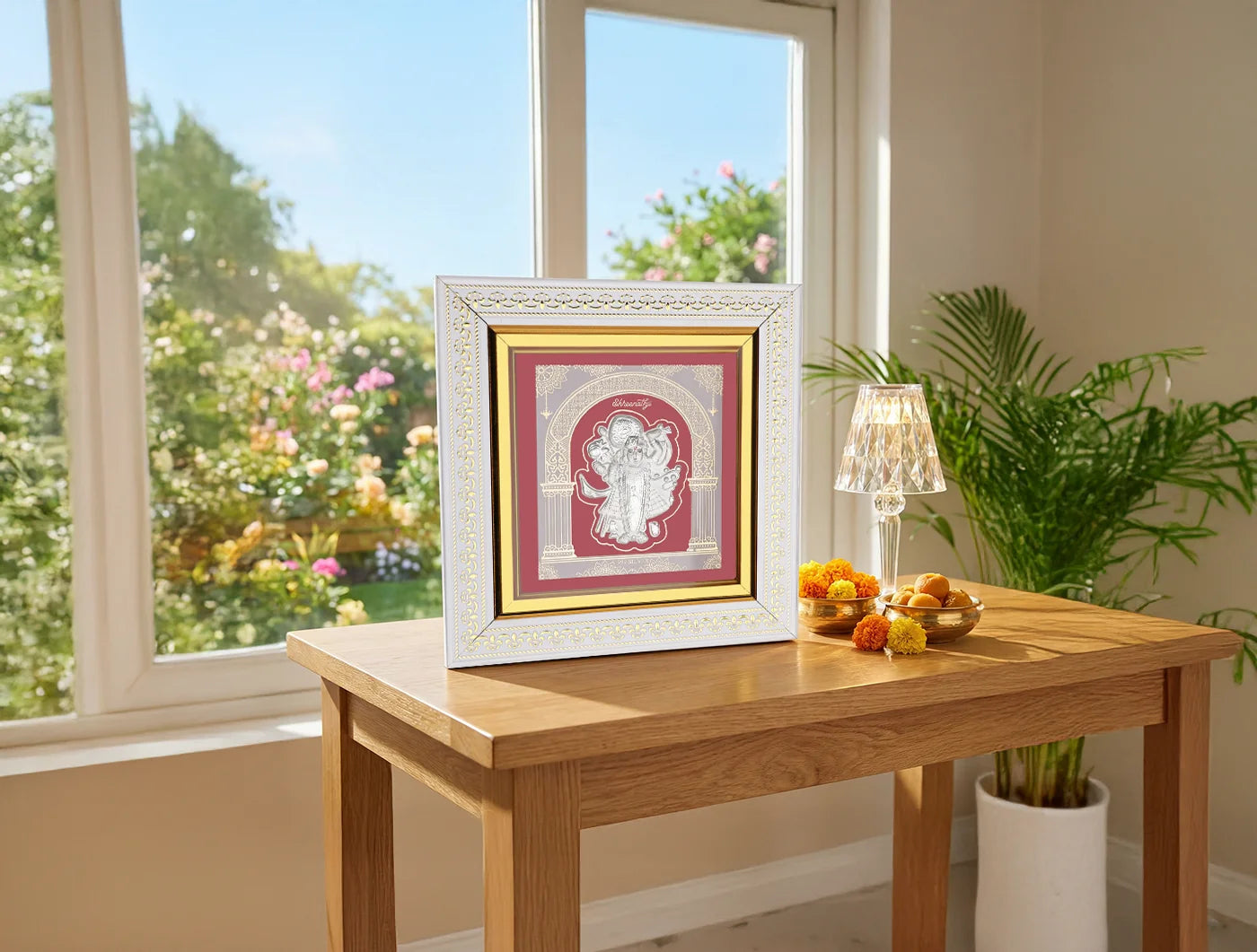 Shrinathji silver hanging frame by Bhagwati Jewels, 8x7.5 inch pure 999 silver wall mount with intricate design.