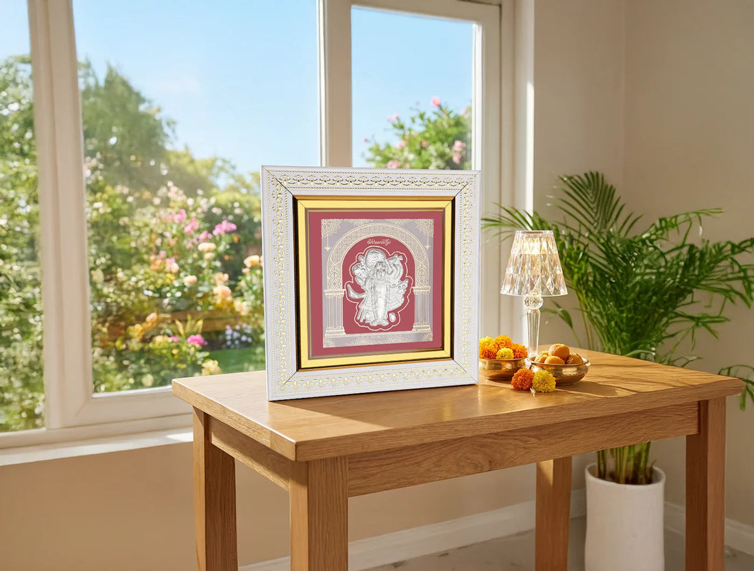 Shrinathji silver hanging frame by Bhagwati Jewels, 8x7.5 inch pure 999 silver wall mount with intricate design.