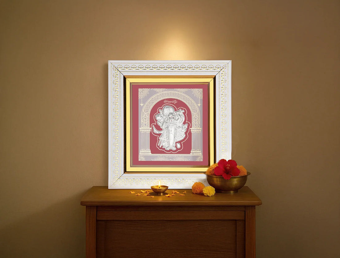 Silver Shrinathji wall hanging frame by Bhagwati Jewels, 8x7.5 inches, crafted from 999 pure silver with intricate design.