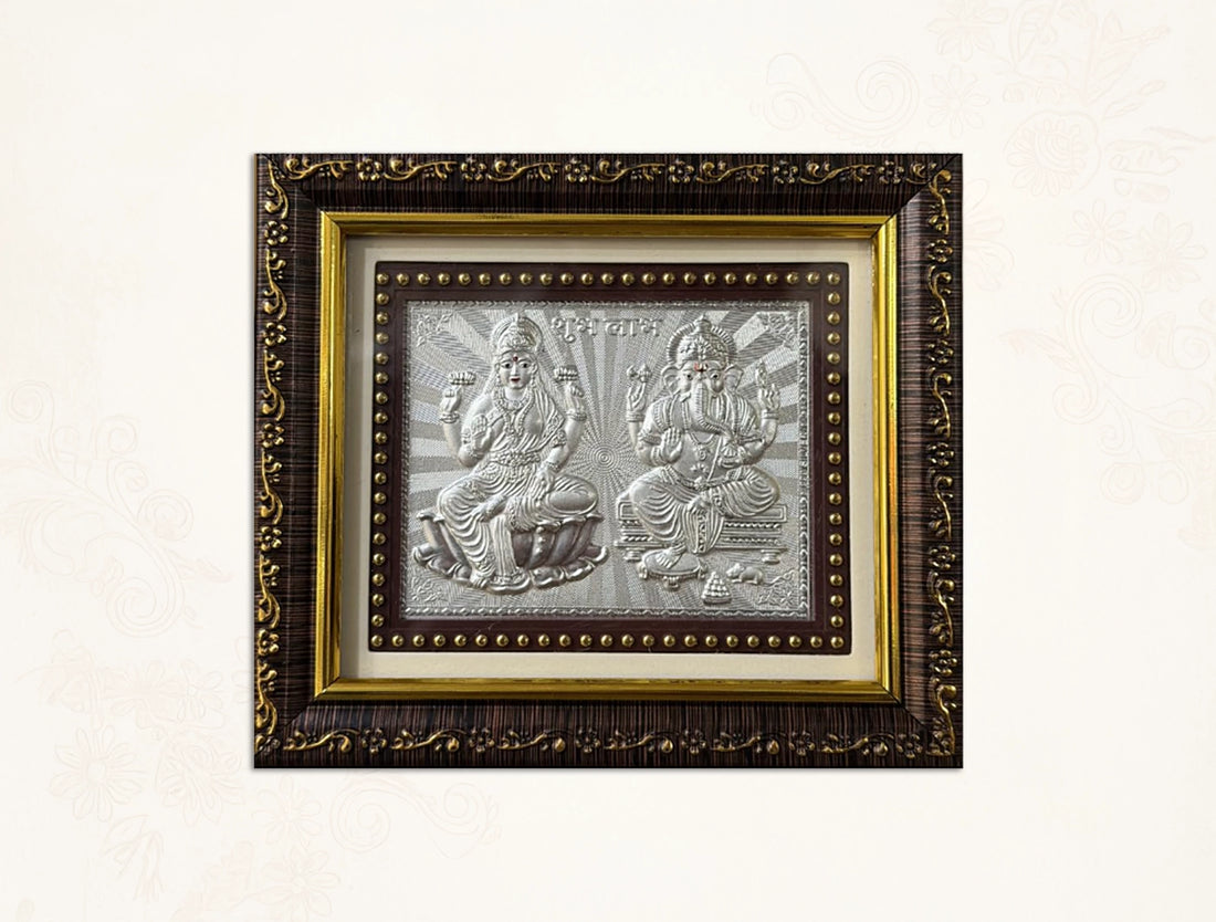 Silver Plating Laxmi Ganesh Frame | tabletop frame (5" x 5.50" Inch)
