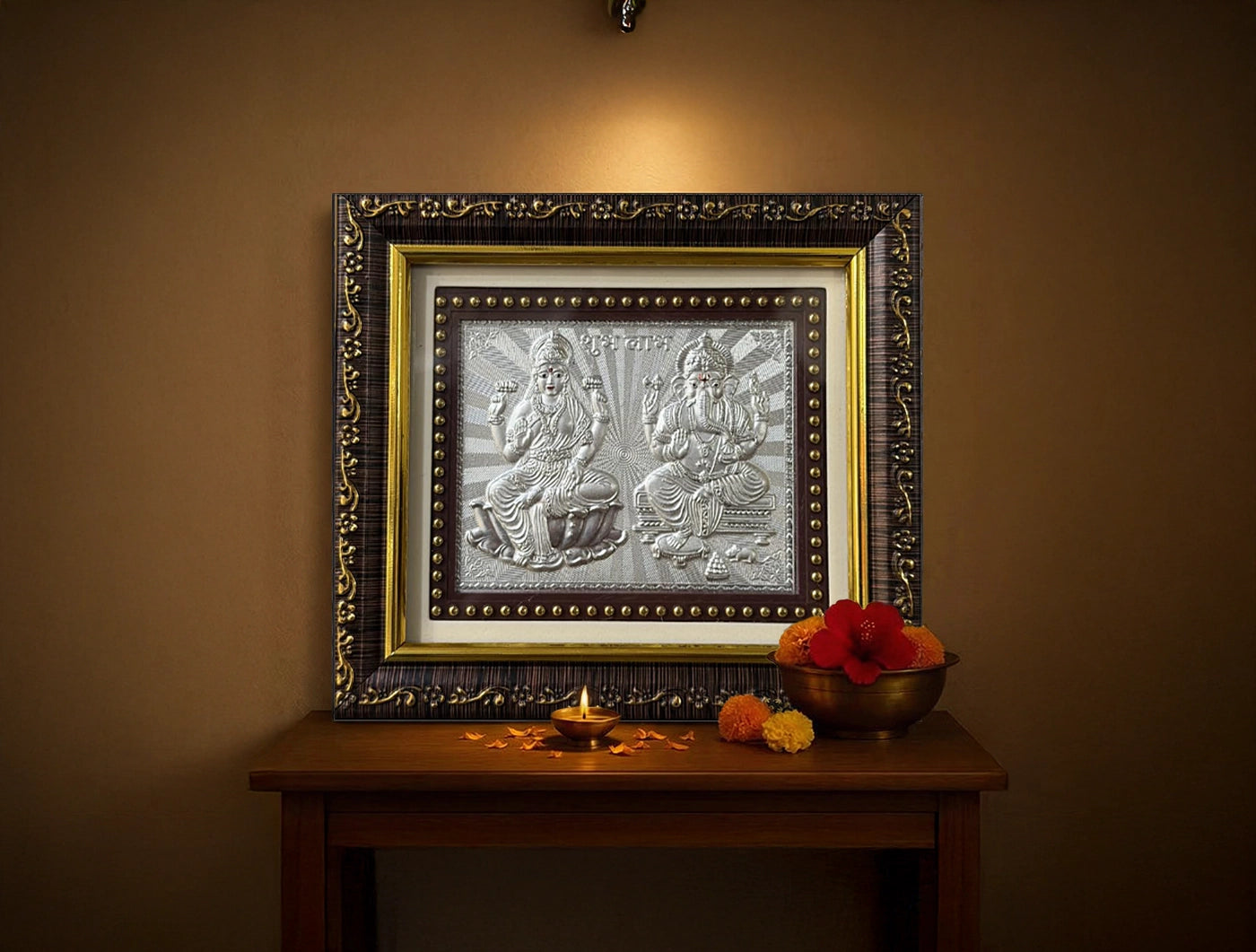 Silver Plating Laxmi Ganesh Frame | tabletop frame (5" x 5.50" Inch)