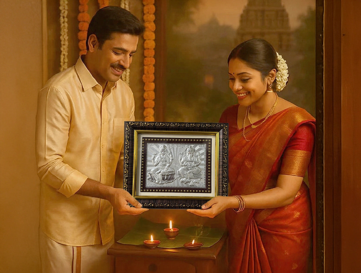 Silver Plating Laxmi Ganesh Frame | tabletop frame (5" x 5.50" Inch)