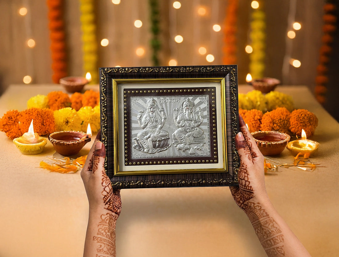 Silver Plating Laxmi Ganesh Frame | tabletop frame (5" x 5.50" Inch)
