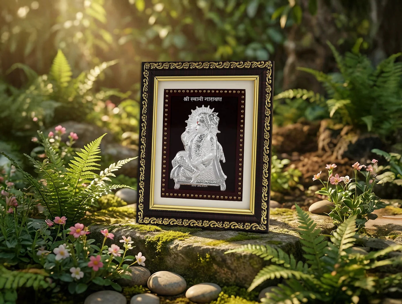 999 Pure Silver Swaminarayan photo frame displayed in a natural garden setting, ideal for decor and gifting.