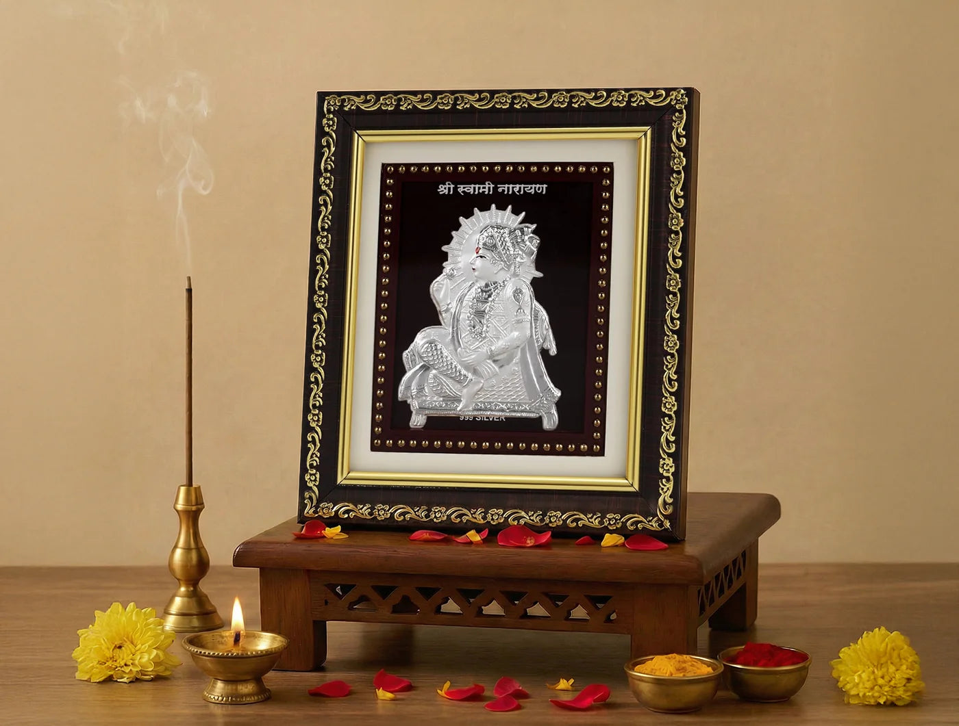 999 Pure Silver Swaminarayan framed photo in a Pooja room setting, ideal for gifting during festivals and weddings.