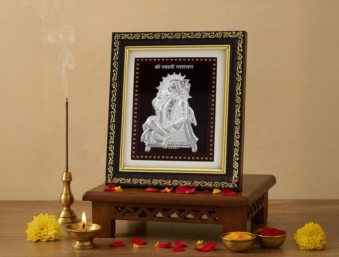 999 Pure Silver Swaminarayan framed photo in a Pooja room setting, ideal for gifting during festivals and weddings.