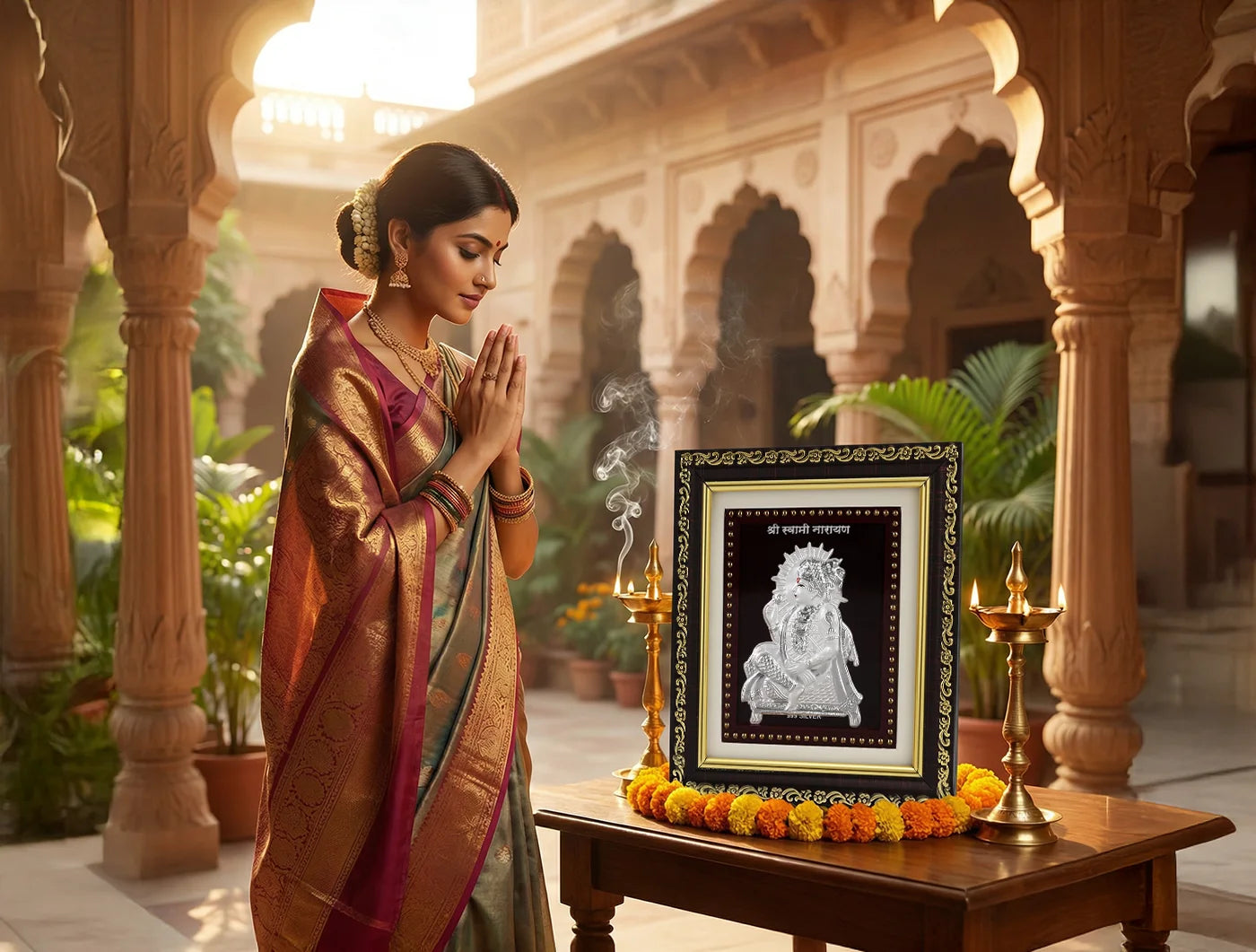 A woman in a traditional saree praying in front of a 999 Pure Silver Swaminarayan photo frame in a beautifully adorned setting.
