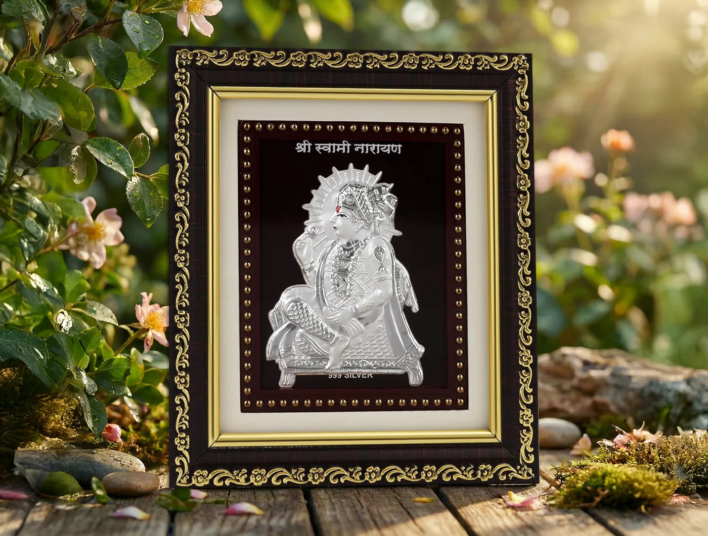 999 Pure Silver Swaminarayan photo frame in an elegant design, perfect for home and office decor, 5.5 X 5 inch.