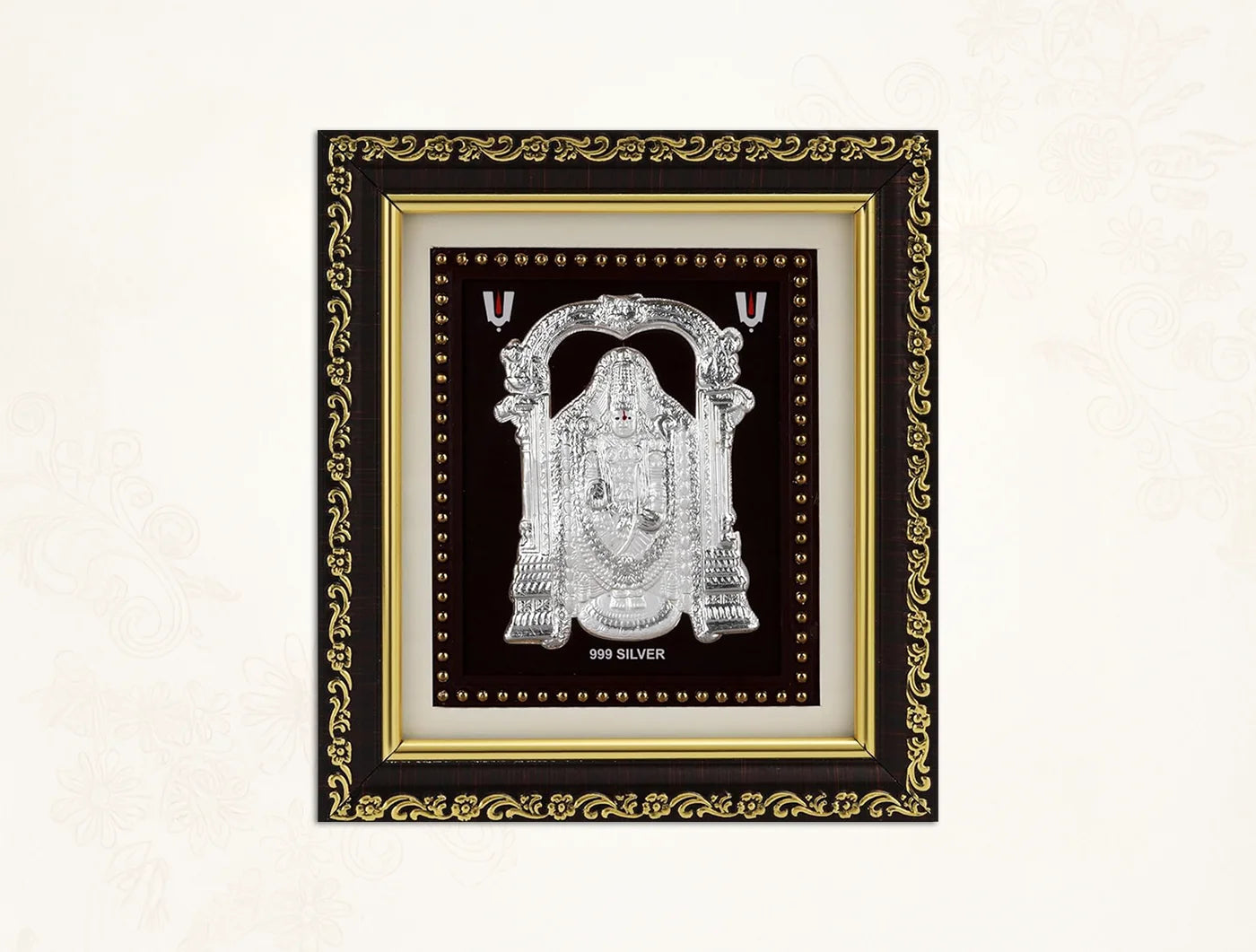 999 Pure Silver Tirupati Balaji with gold-colored border, 5.5 x 5 inches, from BHAGWATI JEWELS.
