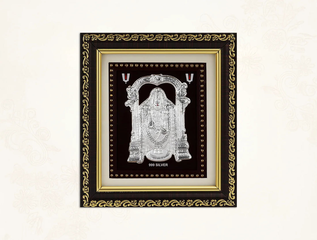 999 Pure Silver Tirupati Balaji with gold-colored border, 5.5 x 5 inches, from BHAGWATI JEWELS.