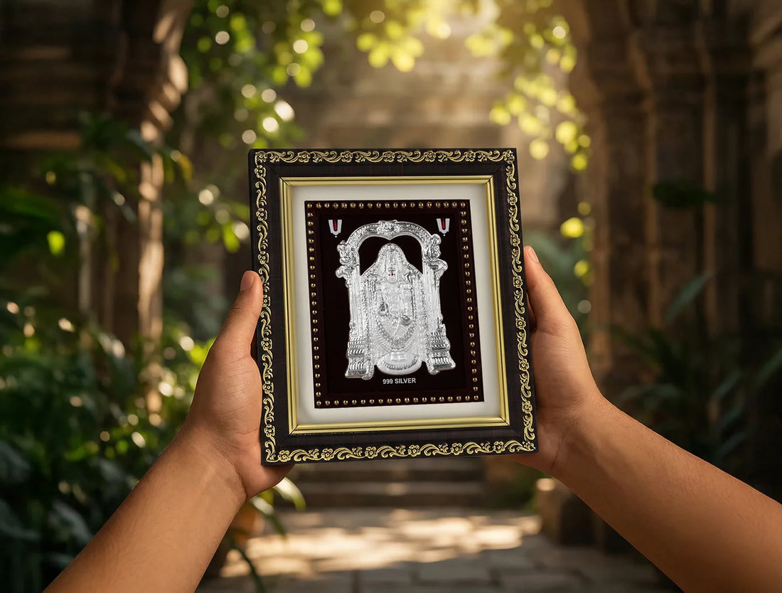 999 Pure Silver Tirupati Balaji with gold-colored border, 5.5 x 5 inches, featuring intricate design and religious motif.