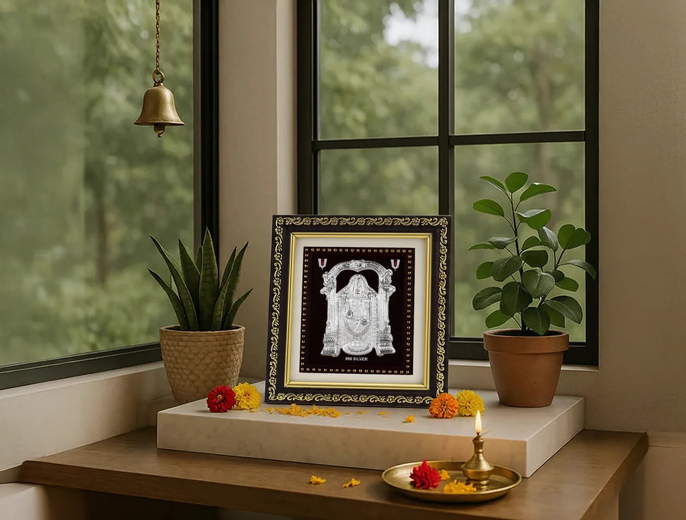 999 Pure Silver Tirupati Balaji with gold-colored border, 5.5 x 5 inches, by BHAGWATI JEWELS.