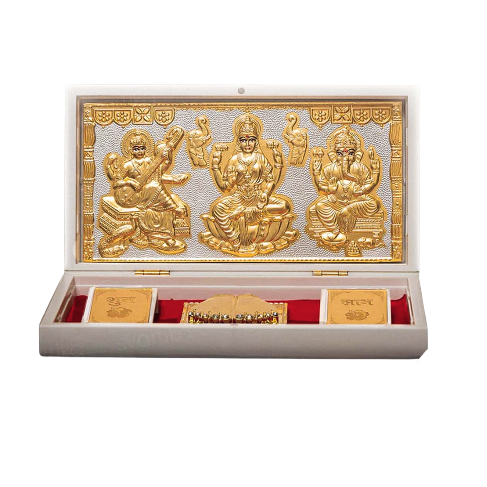 Saraswati Lakshmi Ganesh Pocket Temple - Gold Coated Puja Peti with intricate gold detailing.